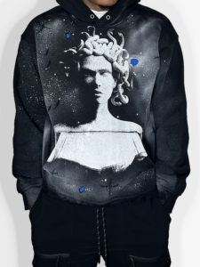 “Hand-finished Medusa hoodie inspired by Isaiah 54:17” “Limited edition faith-based streetwear hoodie” “Hand-distressed luxury hoodie with fabric infusion detail”